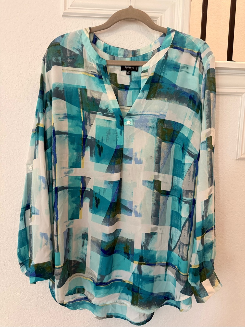 Premise Teal, Blue & White Abstract V-Neck Blouse